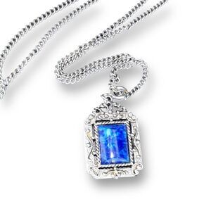 Vintage Charm/Pendant Silver Toned Rectangle Floral with Mottled Blue Stone